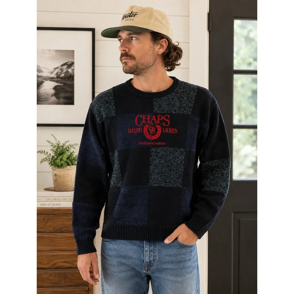 Vintage 90s Chaps Ralph Lauren Sweater Mens L Patchwork Logo Cotton Hong Kong